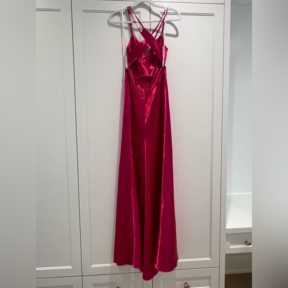 Hot Pink Satin Evening Gown with Beaded Waist - Picture 2 of 5